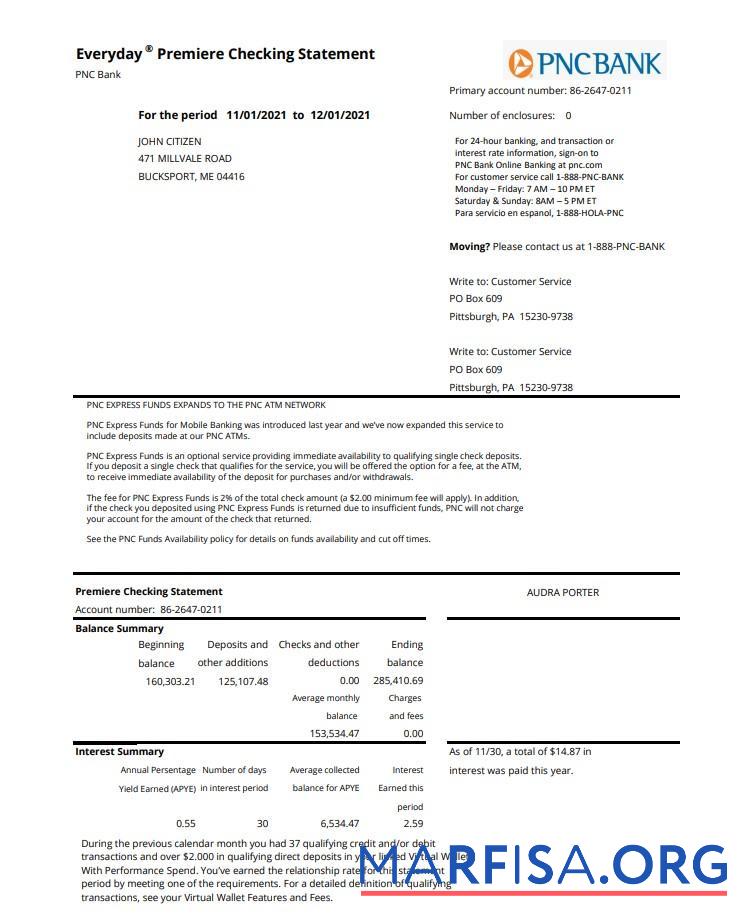 Blank USA PNC bank statement excel template